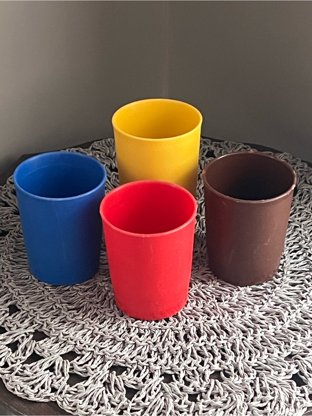 Vintage Tupperware Set of 4 Plastic straight Cups - Red, Blue, Yellow, Brown